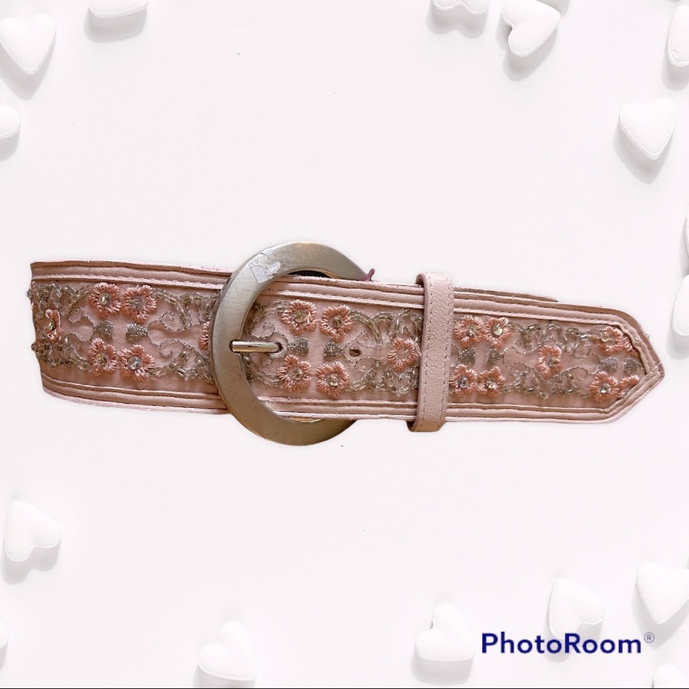 Vintage Pink floral sequin embroidered thick silver buckle belt